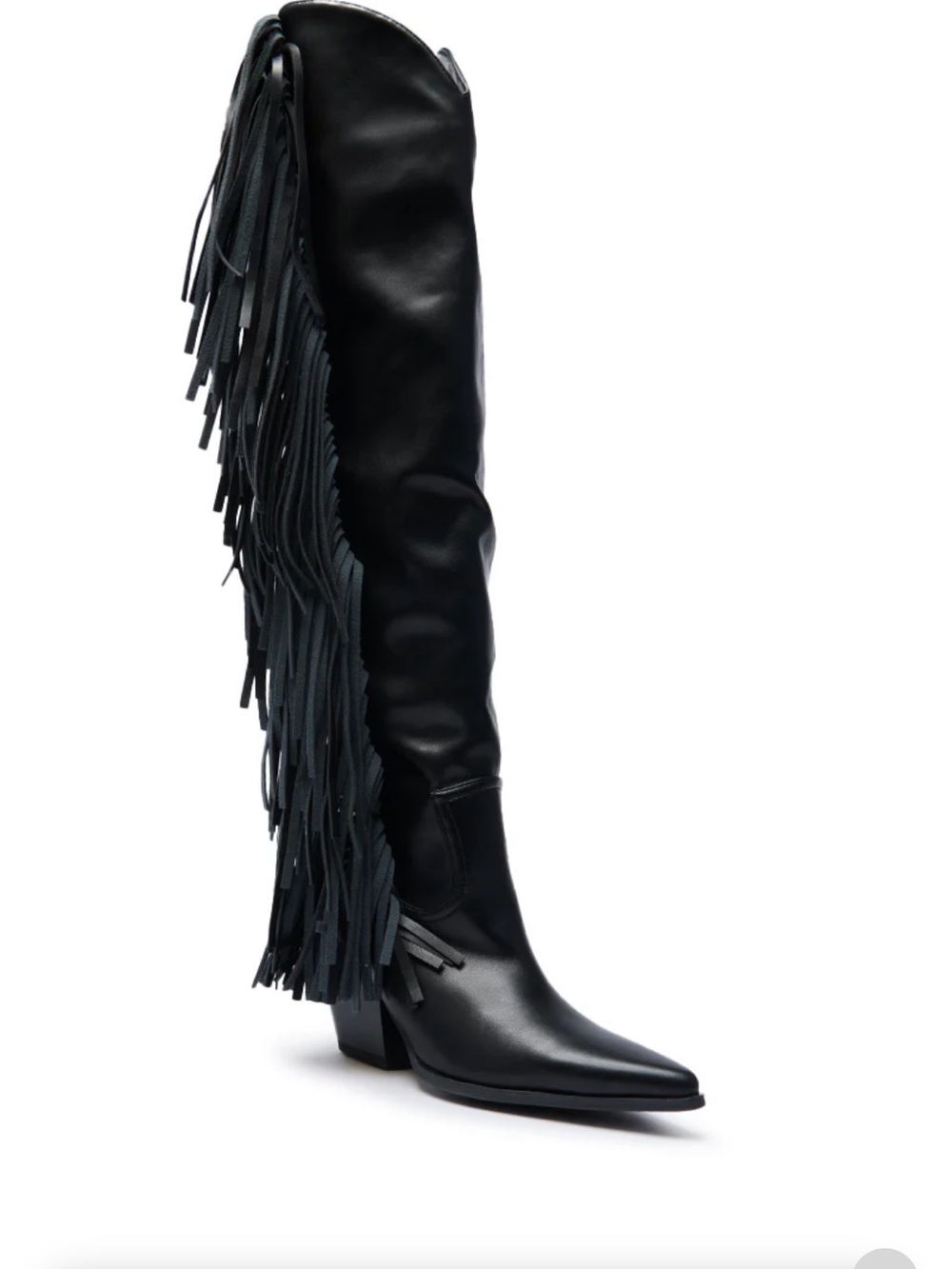 Fringe Stacked Heel Knee-High Boots - Black